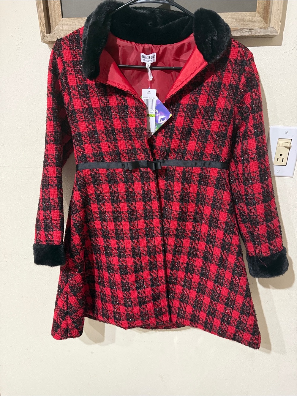 NWT Blueberi Boulevard Red & Black Plaid Faux-Fur Trim Pea Coat
